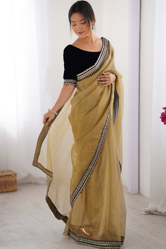 Camel Brown Twill Net Sequins And Cording Embroidery Work Saree With Blouse Piece