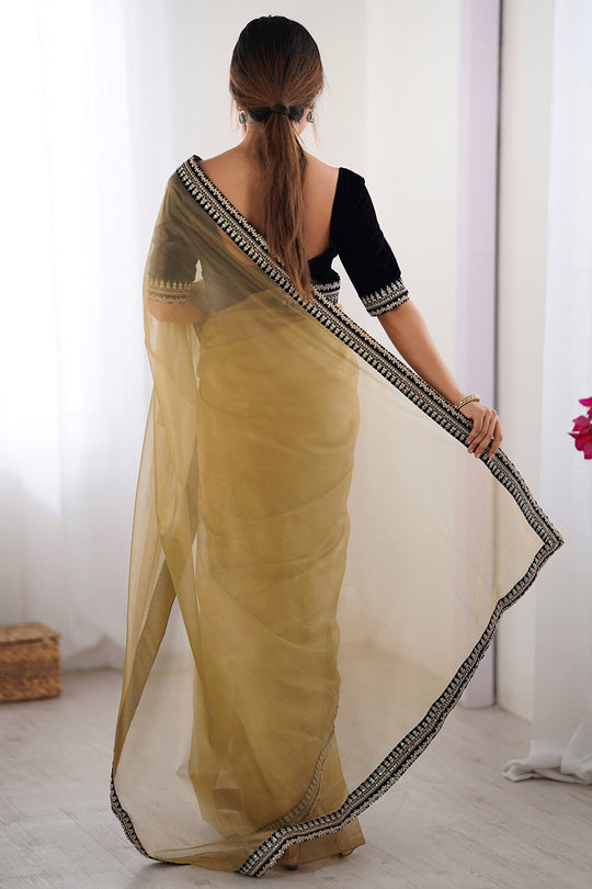 Camel Brown Twill Net Sequins And Cording Embroidery Work Saree With Blouse Piece