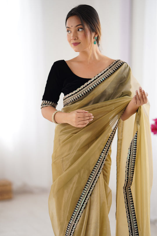 Camel Brown Twill Net Sequins And Cording Embroidery Work Saree With Blouse Piece