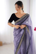 Lavender Twill Net Sequins And Cording Embroidery Work Saree With Blouse Piece
