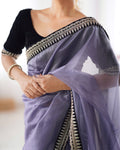 Lavender Twill Net Sequins And Cording Embroidery Work Saree With Blouse Piece