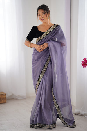 Lavender Twill Net Sequins And Cording Embroidery Work Saree With Blouse Piece