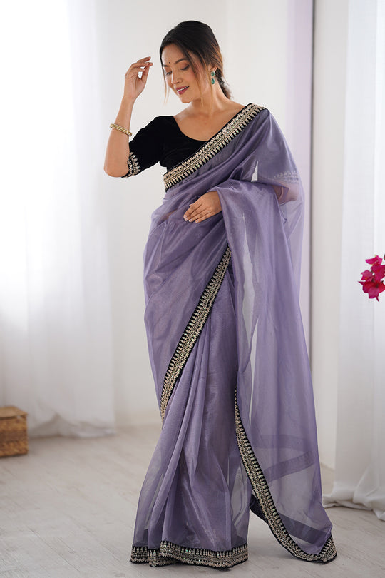 Lavender Twill Net Sequins And Cording Embroidery Work Saree With Blouse Piece