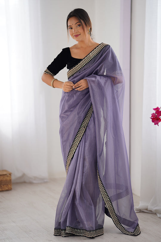Lavender Twill Net Sequins And Cording Embroidery Work Saree With Blouse Piece