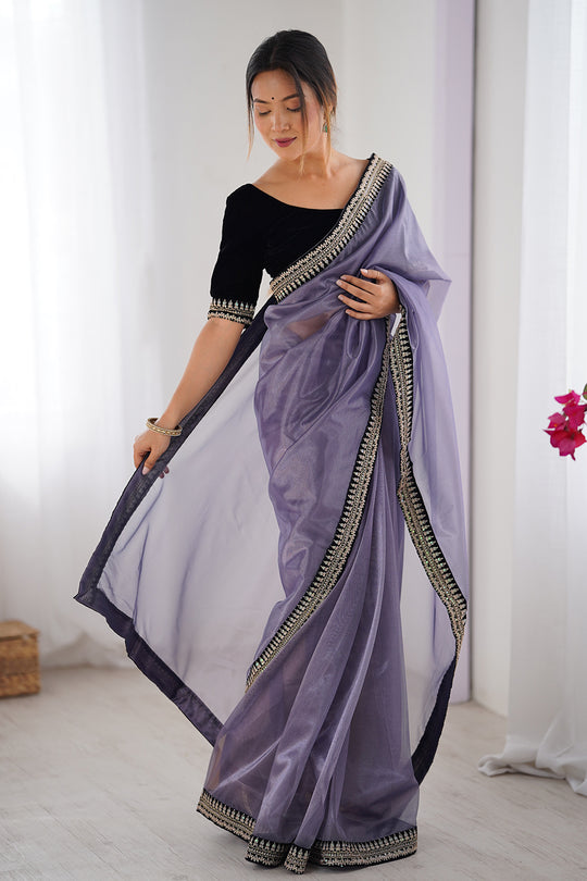 Lavender Twill Net Sequins And Cording Embroidery Work Saree With Blouse Piece