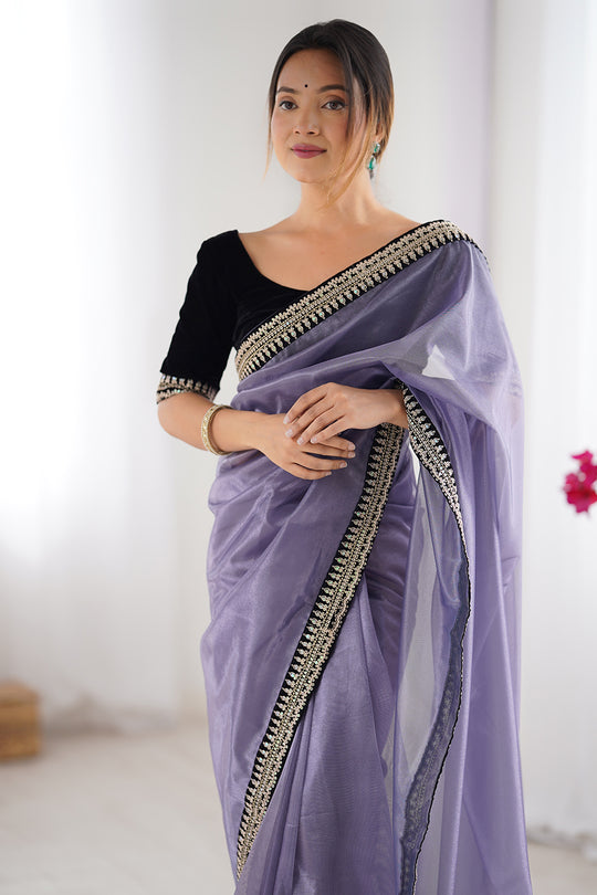 Lavender Twill Net Sequins And Cording Embroidery Work Saree With Blouse Piece