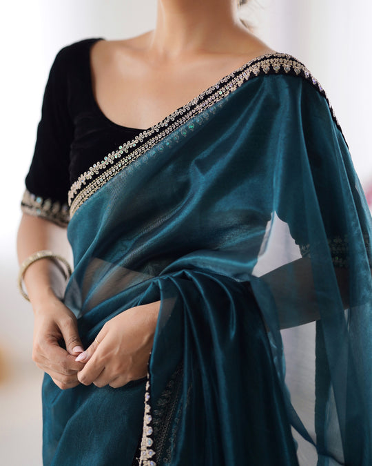 Teal Green Twill Net Sequins And Cording Embroidery Work Saree With Blouse Piece