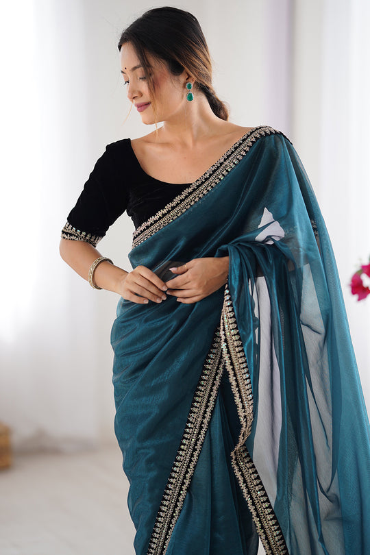 Teal Green Twill Net Sequins And Cording Embroidery Work Saree With Blouse Piece