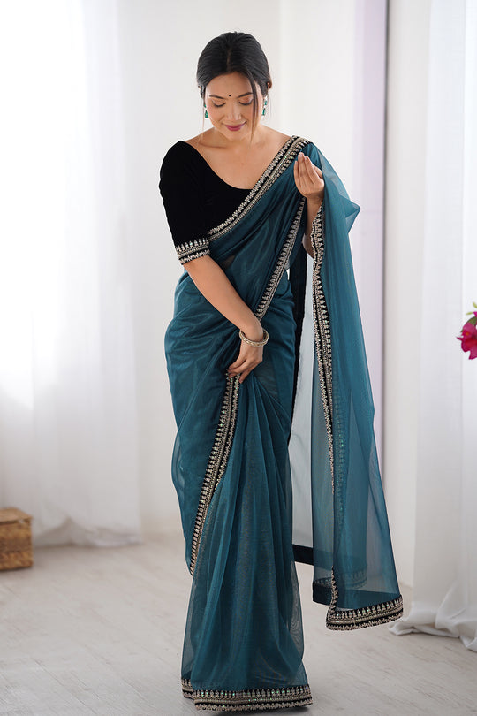Teal Green Twill Net Sequins And Cording Embroidery Work Saree With Blouse Piece