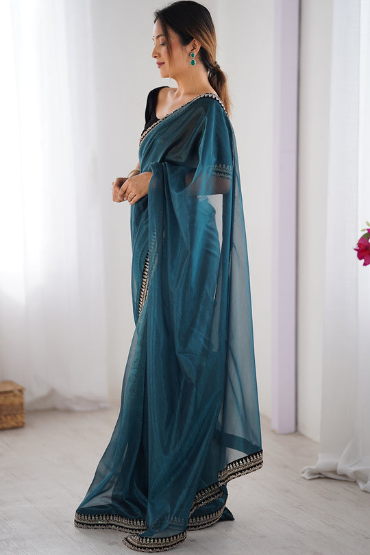 Teal Green Twill Net Sequins And Cording Embroidery Work Saree With Blouse Piece