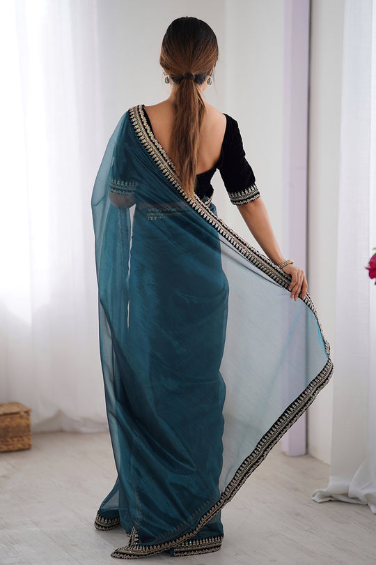 Teal Green Twill Net Sequins And Cording Embroidery Work Saree With Blouse Piece