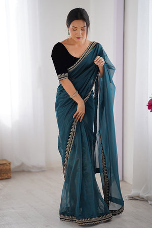 Teal Green Twill Net Sequins And Cording Embroidery Work Saree With Blouse Piece