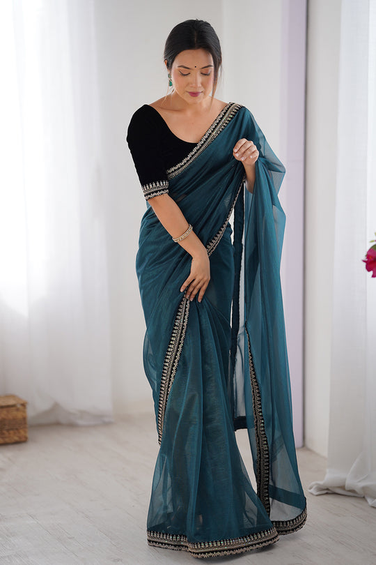 Teal Green Twill Net Sequins And Cording Embroidery Work Saree With Blouse Piece