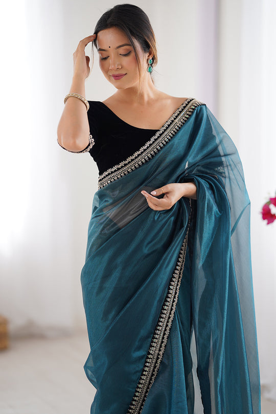 Teal Green Twill Net Sequins And Cording Embroidery Work Saree With Blouse Piece