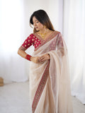 Cream Twill Net With Banarasi Crush Sequins And Cording Embroidery Work Daimond Sattin With Cording Saree With Blouse Piece