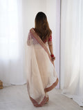 Cream Twill Net With Banarasi Crush Sequins And Cording Embroidery Work Daimond Sattin With Cording Saree With Blouse Piece