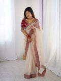 Cream Twill Net With Banarasi Crush Sequins And Cording Embroidery Work Daimond Sattin With Cording Saree With Blouse Piece