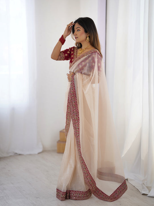 Cream Twill Net With Banarasi Crush Sequins And Cording Embroidery Work Daimond Sattin With Cording Saree With Blouse Piece