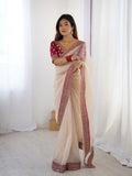 Cream Twill Net With Banarasi Crush Sequins And Cording Embroidery Work Daimond Sattin With Cording Saree With Blouse Piece