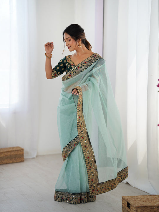 Sea Green Twill Net With Banarasi Crush Sequins And Cording Embroidery Work Daimond Sattin With Cording Saree With Blouse Piece