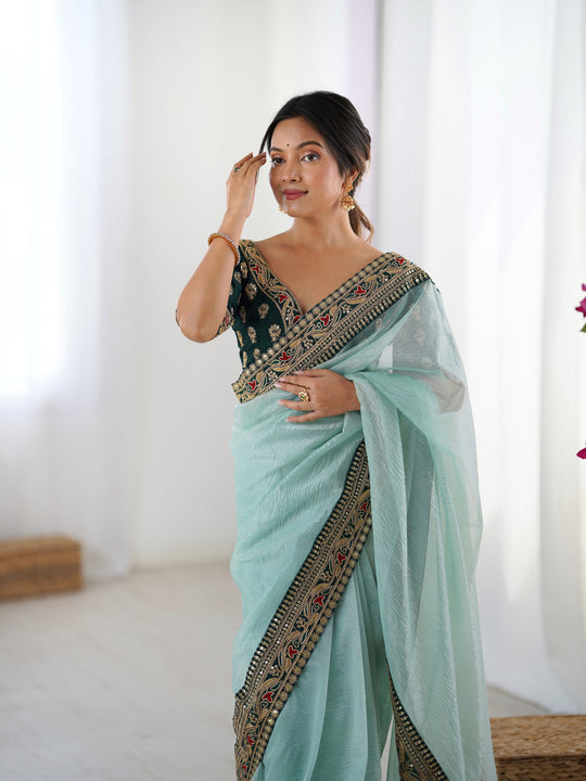Sea Green Twill Net With Banarasi Crush Sequins And Cording Embroidery Work Daimond Sattin With Cording Saree With Blouse Piece