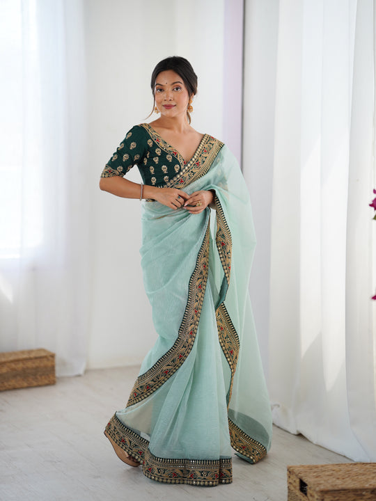 Sea Green Twill Net With Banarasi Crush Sequins And Cording Embroidery Work Daimond Sattin With Cording Saree With Blouse Piece