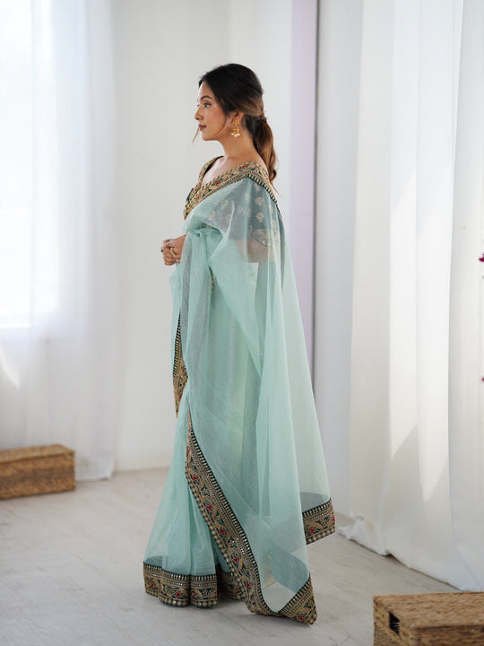 Sea Green Twill Net With Banarasi Crush Sequins And Cording Embroidery Work Daimond Sattin With Cording Saree With Blouse Piece