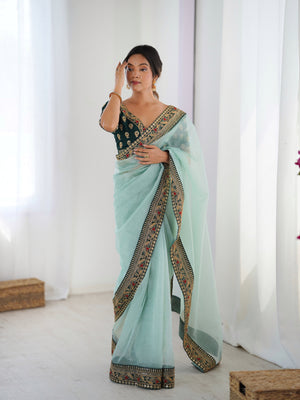 Sea Green Twill Net With Banarasi Crush Sequins And Cording Embroidery Work Daimond Sattin With Cording Saree With Blouse Piece