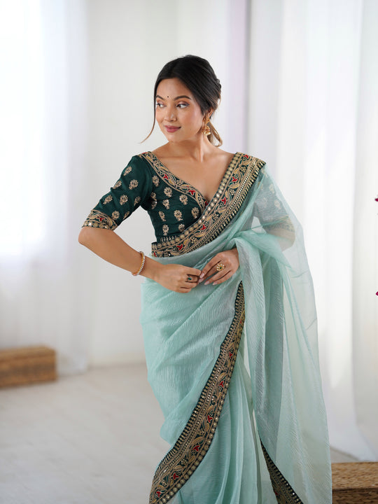 Sea Green Twill Net With Banarasi Crush Sequins And Cording Embroidery Work Daimond Sattin With Cording Saree With Blouse Piece
