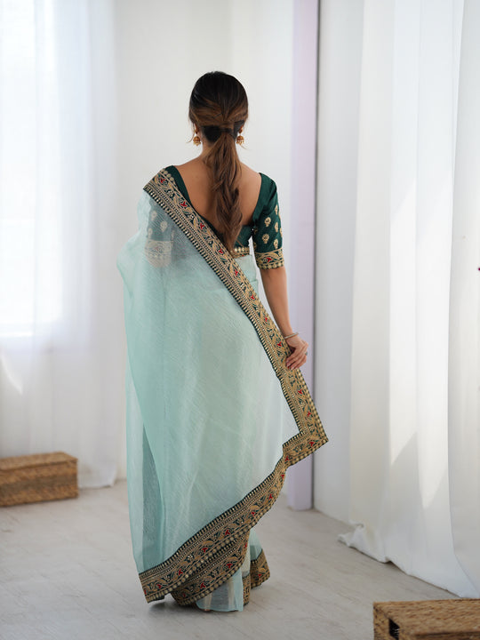 Sea Green Twill Net With Banarasi Crush Sequins And Cording Embroidery Work Daimond Sattin With Cording Saree With Blouse Piece