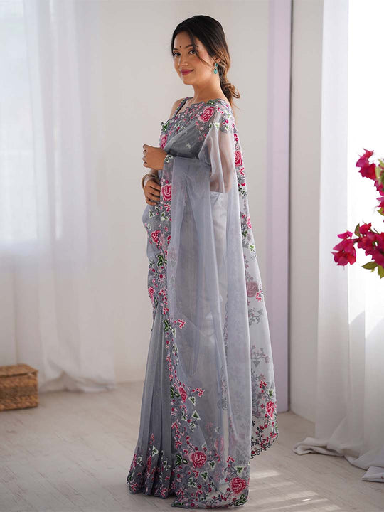 Twill Net Party Wear Saree With Blouse Piece