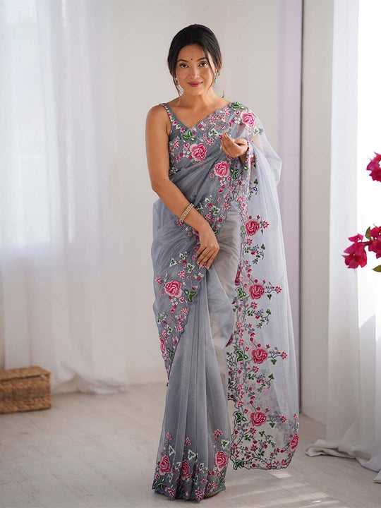 Twill Net Party Wear Saree With Blouse Piece
