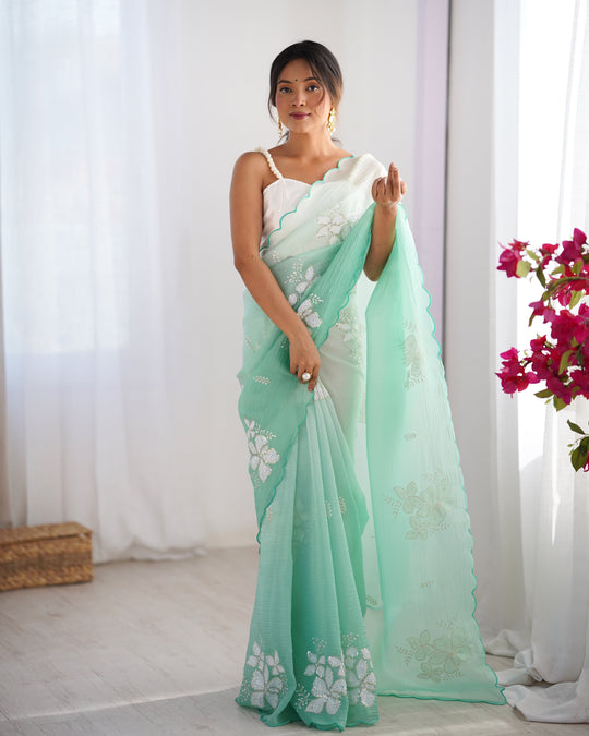 Green Candy Crush Padding Sequins Embroidery Work Ultra Sattin Saree With Blouse Piece