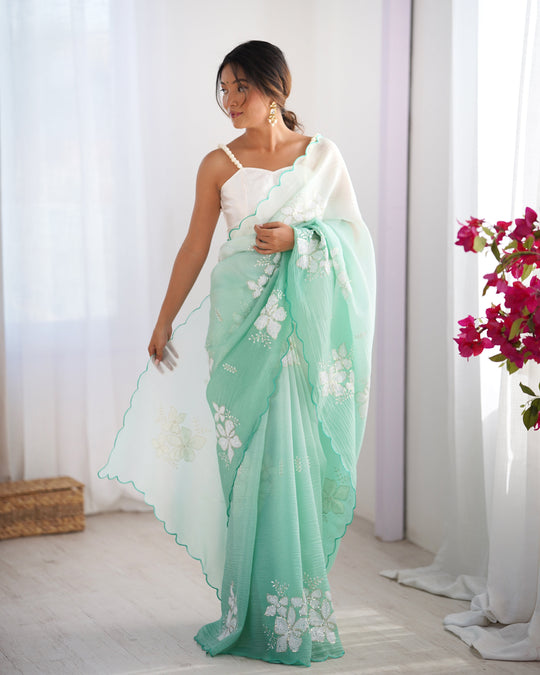 Green Candy Crush Padding Sequins Embroidery Work Ultra Sattin Saree With Blouse Piece