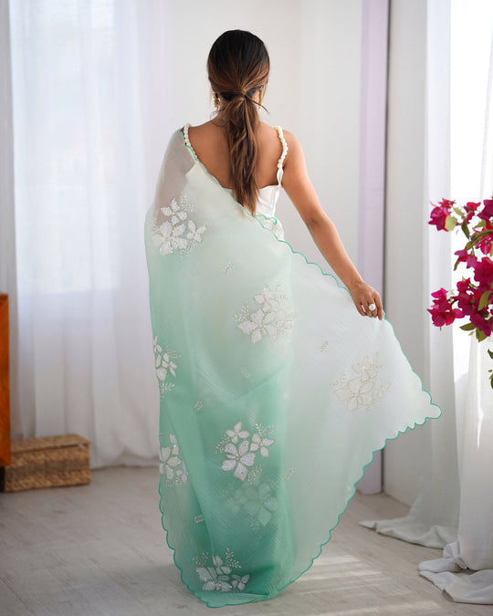 Green Candy Crush Padding Sequins Embroidery Work Ultra Sattin Saree With Blouse Piece