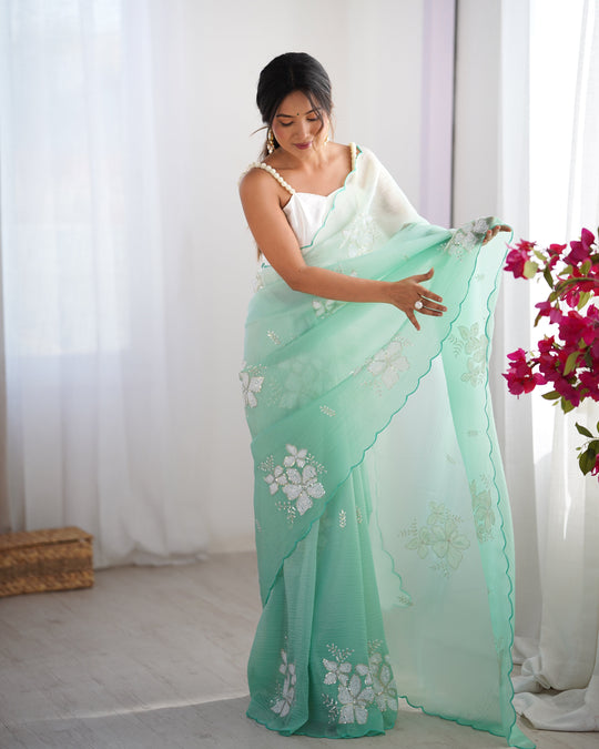 Green Candy Crush Padding Sequins Embroidery Work Ultra Sattin Saree With Blouse Piece