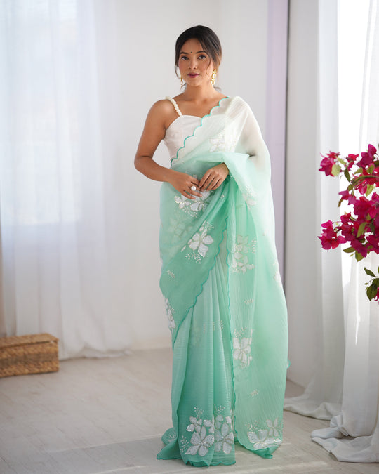 Green Candy Crush Padding Sequins Embroidery Work Ultra Sattin Saree With Blouse Piece