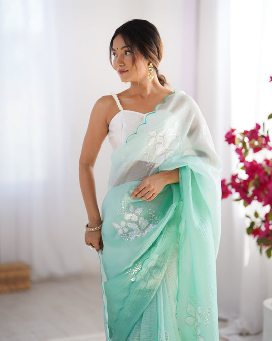 Green Candy Crush Padding Sequins Embroidery Work Ultra Sattin Saree With Blouse Piece