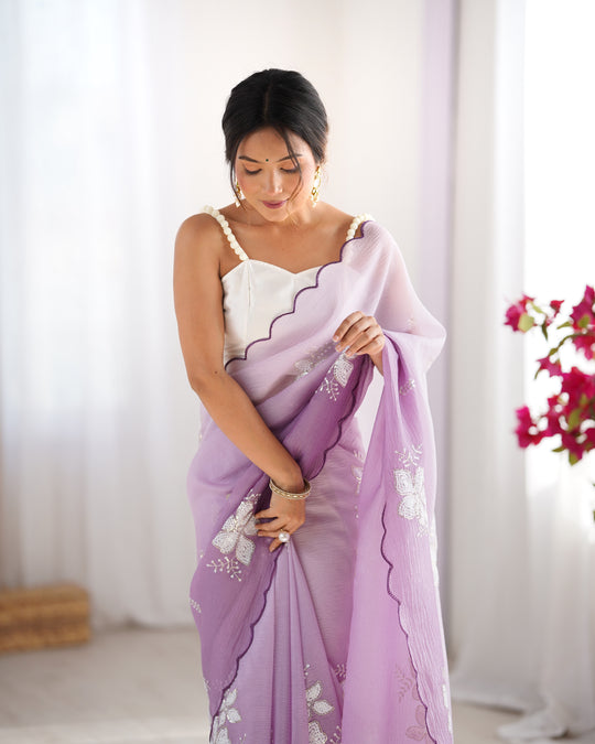 Lavender Candy Crush Padding Sequins Embroidery Work Ultra Sattin Saree With Blouse Piece