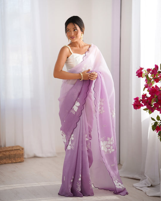 Lavender Candy Crush Padding Sequins Embroidery Work Ultra Sattin Saree With Blouse Piece