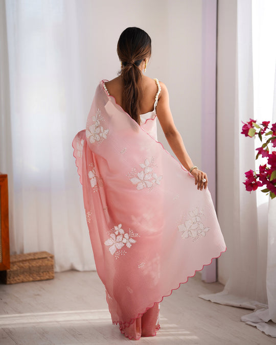 Baby Pink Candy Crush Padding Sequins Embroidery Work Ultra Sattin Saree With Blouse Piece