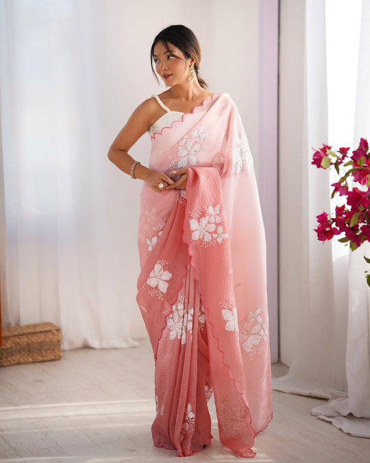 Baby Pink Candy Crush Padding Sequins Embroidery Work Ultra Sattin Saree With Blouse Piece