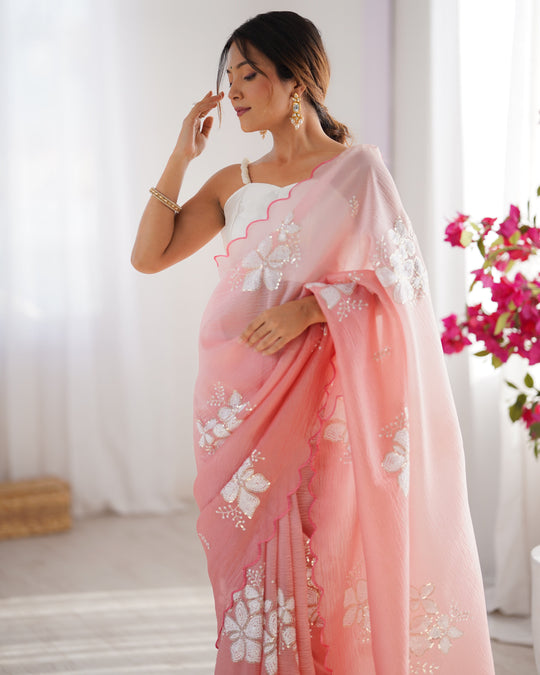 Baby Pink Candy Crush Padding Sequins Embroidery Work Ultra Sattin Saree With Blouse Piece
