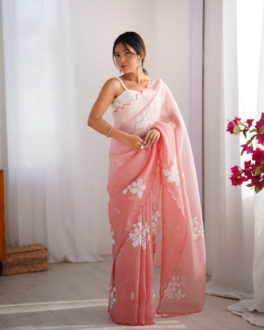 Baby Pink Candy Crush Padding Sequins Embroidery Work Ultra Sattin Saree With Blouse Piece