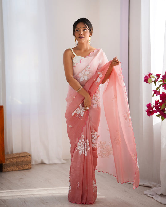 Baby Pink Candy Crush Padding Sequins Embroidery Work Ultra Sattin Saree With Blouse Piece