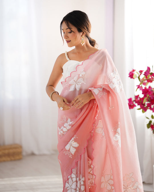 Baby Pink Candy Crush Padding Sequins Embroidery Work Ultra Sattin Saree With Blouse Piece