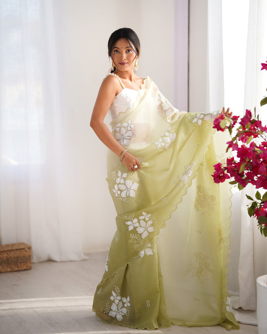 Lime Green Candy Crush Padding Sequins Embroidery Work Ultra Sattin Saree With Blouse Piece