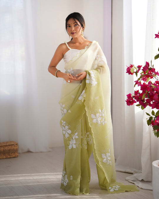 Lime Green Candy Crush Padding Sequins Embroidery Work Ultra Sattin Saree With Blouse Piece