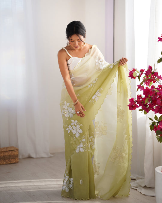 Lime Green Candy Crush Padding Sequins Embroidery Work Ultra Sattin Saree With Blouse Piece