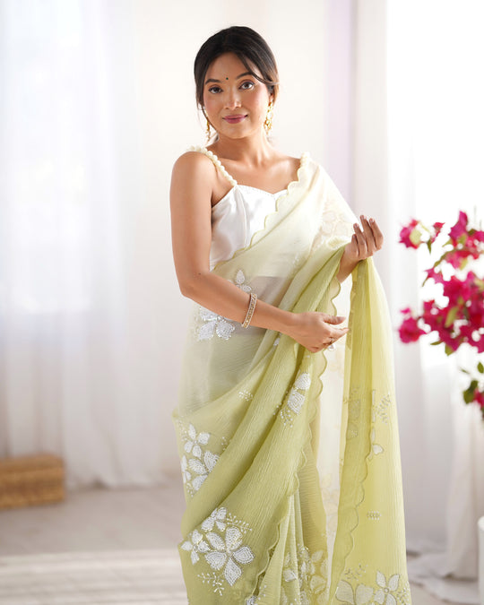 Lime Green Candy Crush Padding Sequins Embroidery Work Ultra Sattin Saree With Blouse Piece